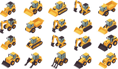 Isometric construction site vector set featuring yellow heavy machinery, excavators, trucks, builders, building materials, bricks, pipes, and tools on white. © Shafiqul