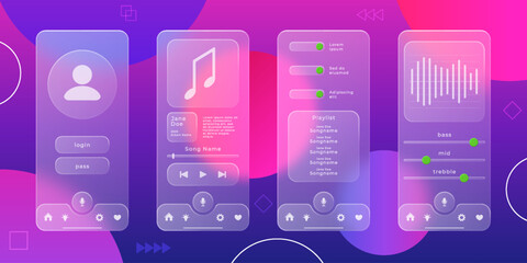 UX UI design. App glass morphism interface. Transparent web button for phone page. Frosted smartphone screen. Gradient matte display. Music application panel. Vector mobile templates set