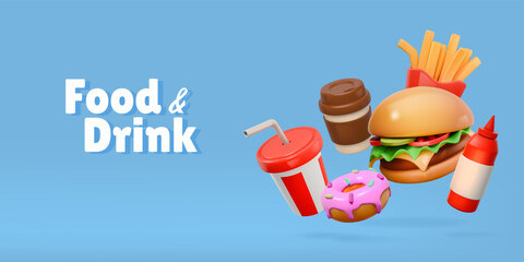 Fast food render. 3d burger, drink and hamburger restaurant fastfood as hot dog, coffee and donut, dinner or lunch menu. Banner design. Vector cartoon glossy isolated illustration