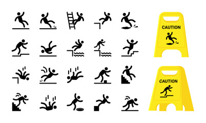 Fall icons. Caution accident, slip work trip or staircase yellow safety sign. Wet floor down, slippery person hazard. Black silhouettes. Warning labels. Vector isolated symbols