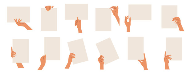Hand hold paper set. Card board note, protest person or man arm with empty sheet frame, signboard and document with copy space for text. Blank information concept. Vector banner sign