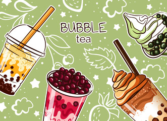 Bubble tea banner. Asian milky drink with boba and tapioca advertising. Summer cold coffee beverage. Smoothie and delicious milkshake in takeaway glass. Vector cartoon flat illustration