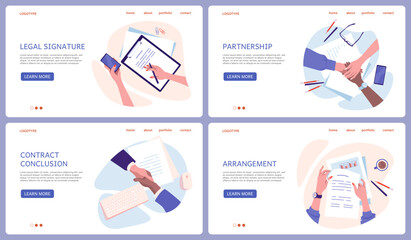 Contract signature. Partners signing documents. Website landing page design. Business agreement. People handshaking. Legal consultations. Hand on desk top view. Vector backgrounds set