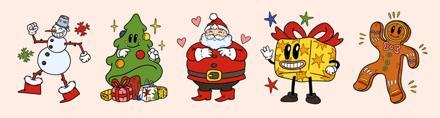 Funny Santa character. Retro Xmas tree stickers. Funky groovy New year face or cool trippy hippie Claus. Happy walking snowman. Gift present and gingerbread. Vector cartoon mascots set