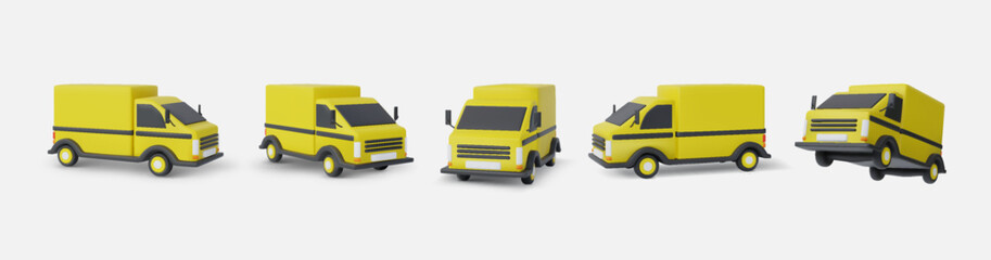 3D truck. Delivery car transport. Cargo vehicle move or tractor. Container shipping. Heavy tir trailer. Lorry for traffic and logistic. Automobile different view angles. Vector icons set