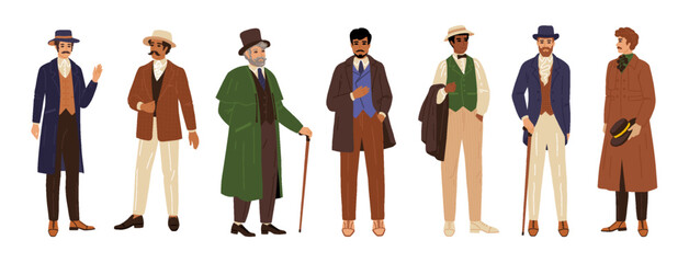 Victorian man. Vintage rich 19th gentleman character, aristocrat in cane, hat and dandy male traditional costume. Mustache and beard. Vector cartoon flat isolated illustration set
