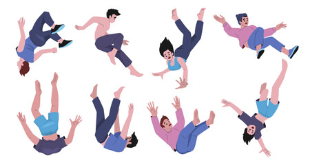 People fall. Fly person characters, jump girl or man silhouette in motion, young doodle woman down the sky, hovering and soaring action, floating scared student. Vector trendy concept