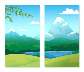 Open view. Scenic nature landscape. Picture frame. Mountain peaks and wild forest trees. River or lake water. Green hills. Rock panorama. Branch leaves. Summer travel. Vector banners set
