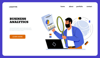 Business analytics landing page. Man looking through magnifying glass at report. Website design template. Office statistic information. Professional audit analyst. Vector background