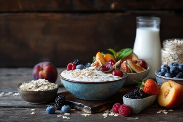 Breakfast features a bowl of oats topped with fresh fruits like berries and peaches next to a glass of milk on a wooden table in the morning Generative AI