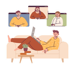 Online conference. Man lying on sofa and working on laptop. Freelancing and remote work. Business meeting, virtual chat and videocall, home office,. Vector cartoon isolated illustration