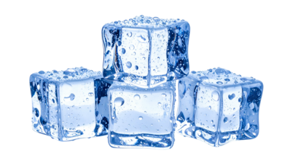 Stack of four translucent ice cubes on black backdrop, displaying water droplets