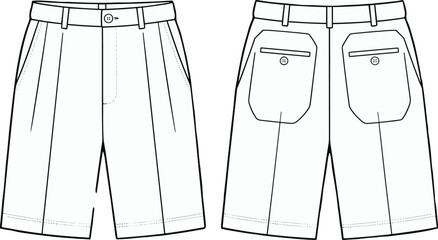 Technical fashion flat sketch of men's bermuda shorts, front and back view vector illustration, apparel design mockup for clothing manufacturing.