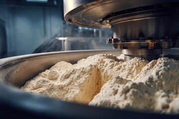 A dough mixer is working with flour and other ingredients inside a bowl in a bakery. This process is part of making fresh dough for baking Generative AI
