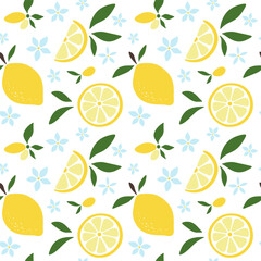 Citrus seamless pattern in lemons with flowers, leaves on a white background, vector illustration, flat design. Fresh fruits are hand-painted. Pattern template for textiles, wallpaper, wrapping paper