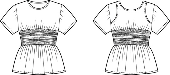 Technical flat sketch of women's smocked waist peplum top featuring short sleeves and crew neck for fashion design and manufacturing.