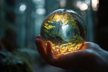 A person holds a clear globe in their hand. Inside the globe are small lights and trees from the surrounding forest. Sunlight shines through the leaves, creating a bright scene Generative AI
