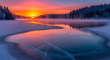 Winters Embrace - A Frozen Lake Reflecting the Fiery Sunset.