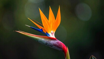 A vibrant Bird of Paradise flower blooms against a blurred dark green background