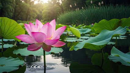 Pink lotus flower blooming in a tranquil pond with lily pads and sunlight