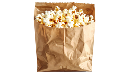A crinkled brown paper bag overflowing with freshly popped, fluffy, golden popcorn