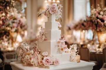 A tiered wedding cake stands on a table, covered in flowers. The setting is a decorated reception hall with warm lighting and floral arrangements Generative AI