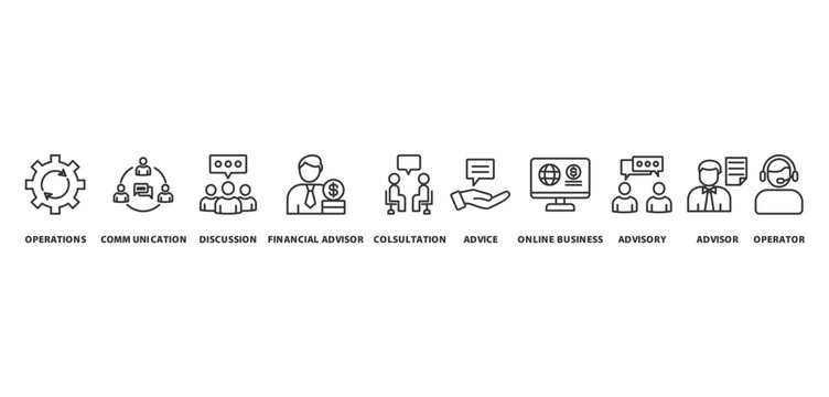 counseling banner concept with icon of operations, communication, discussion, financial advisor, consultation, advice, online business, advisory, advisor, operator


