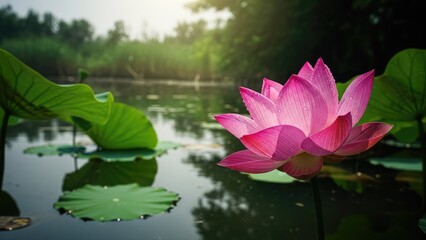 Pink lotus flower blooming on water with green leaves and sunlight background