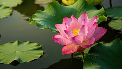 Pink lotus flower blooming on water with green lily pads and leaves