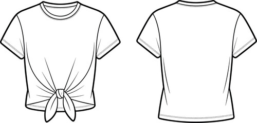White front and back t-shirt technical flat sketch, female crop top with front tie knot detail, apparel design mockup template.