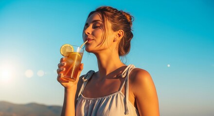 A peaceful young woman sipping a refreshing drink through a straw, silhouetted against a clear blue sky and warm golden hour light