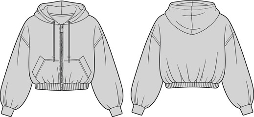 Women's Cropped Zip-Up Hoodie Technical Vector Flat Sketch, Oversized Hooded Sweatshirt Design Template with Drop Shoulder and Ribbed Hem Detail
