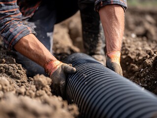 A construction worker's hands placing a corrugated black pipe in a trench