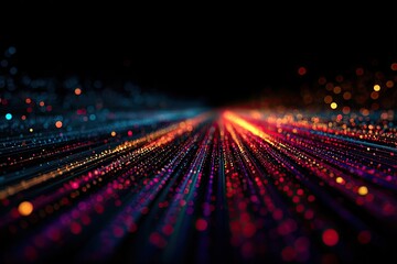 Abstract perspective of colorful light trails streaking toward a distant vanishing point on black