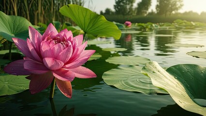 Pink lotus flower blooming on water with lily pads in natural sunlight