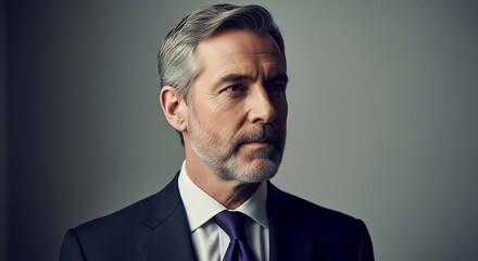 Professional studio portrait of a confident mature businessman in a dark suit and purple tie, looking away with a serious expression