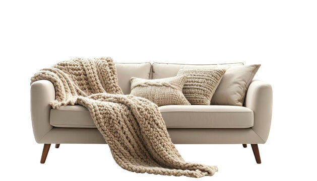 A cozy, modern beige sofa with textured throw and pillows, isolated on black