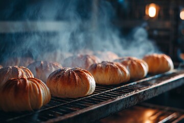 Pastries sit on a cooling rack in a kitchen. Warm light highlights the freshly baked goods as steam rises from them. The scene captures the end of a baking process Generative AI