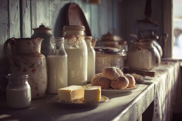 In a rustic kitchen, a wooden table holds fresh milk, butter, and homemade bread. Glass jars and pottery add charm to the scene, capturing a daily routine Generative AI