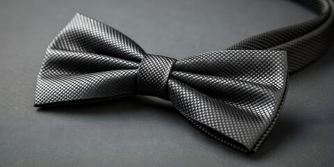 Textured black bow tie on dark gray surface, elegant accessory for formal occasions