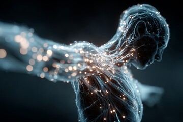A figure stands with arms outstretched in a dark space. Circuitry lines glow throughout the form, connecting points of light in a digital display Generative AI