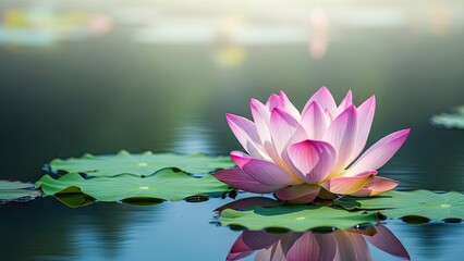 Pink lotus flower on calm water surface with green lily pads