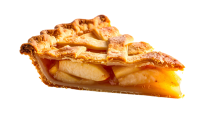 A single slice of golden-brown pie, featuring a lattice crust, showcasing apple filling