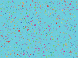 This abstract image features a light blue background densely covered with a random scattering of letters and numbers. The characters, which vary in size and orientation, are multicolored, 