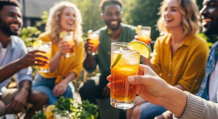 A group of diverse friends laughing and cheering with colorful iced cocktails on a sunny outdoor terrace during a summer social gathering