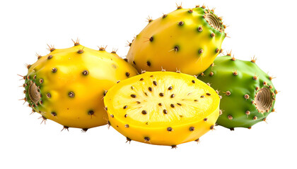 Bright yellow and green prickly pears, one sliced, against a dark background