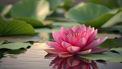 Pink water lily blooming on calm water with green lily pads