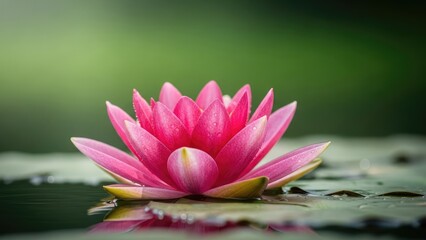 Pink water lily blooming on water surface against green background