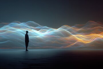 A silhouette stands in a dark area as it blends with colorful wave-like patterns that represent artificial intelligence. The scene shows movement and change Generative AI