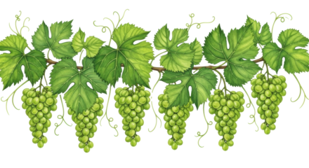 Lush green grapevines with varied leaves, coiling tendrils, and plump ripe green 'Muscat' grapes on a transparent background with copy space, concept of natural beauty and viticulture